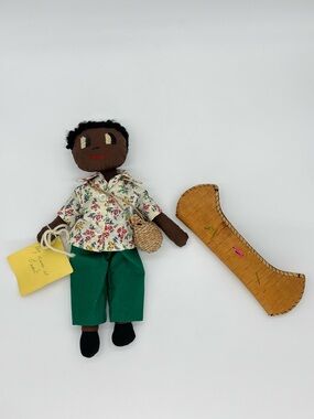 Vtg Handmade Haiti Tijo Cloth Doll Woven Basket Native Birch Bark Canoe Folk Art